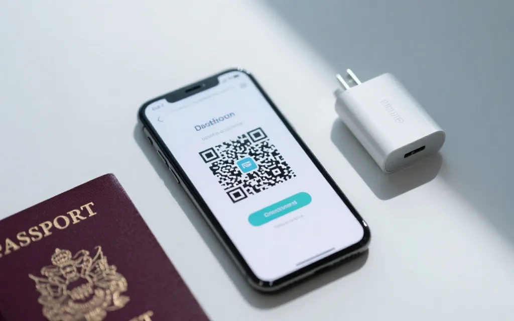 手机展示动态二维码，旁边放着证件与移动电源的平铺准备图