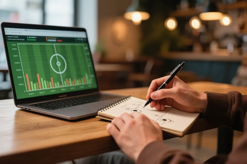 Close-up of a person planning match strategies on a paper notebook with soccer tactics drawn
